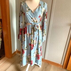 Pink Blush Faux Wrap Maternity Floral Dress L High/Low Hem Lined with Tie Sash